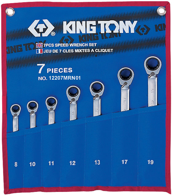 12207MRN01 KING TONY Набор комбинированных трещоточных ключей, 8-19 мм, чехол из теторона, 7 предметов