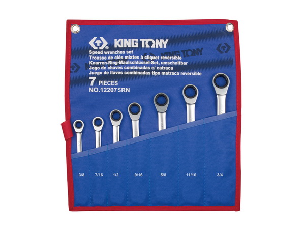 12207SRN KING TONY Набор комбинированных трещоточных ключей, 3/8-3/4, чехол из теторона, 7 предметов